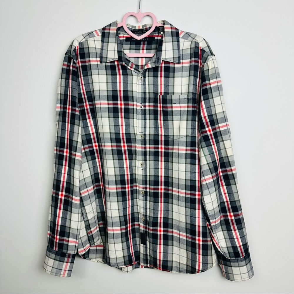 Sean John Casual Plaid Long Sleeve Button Down Shirt Black,White Red Size Large